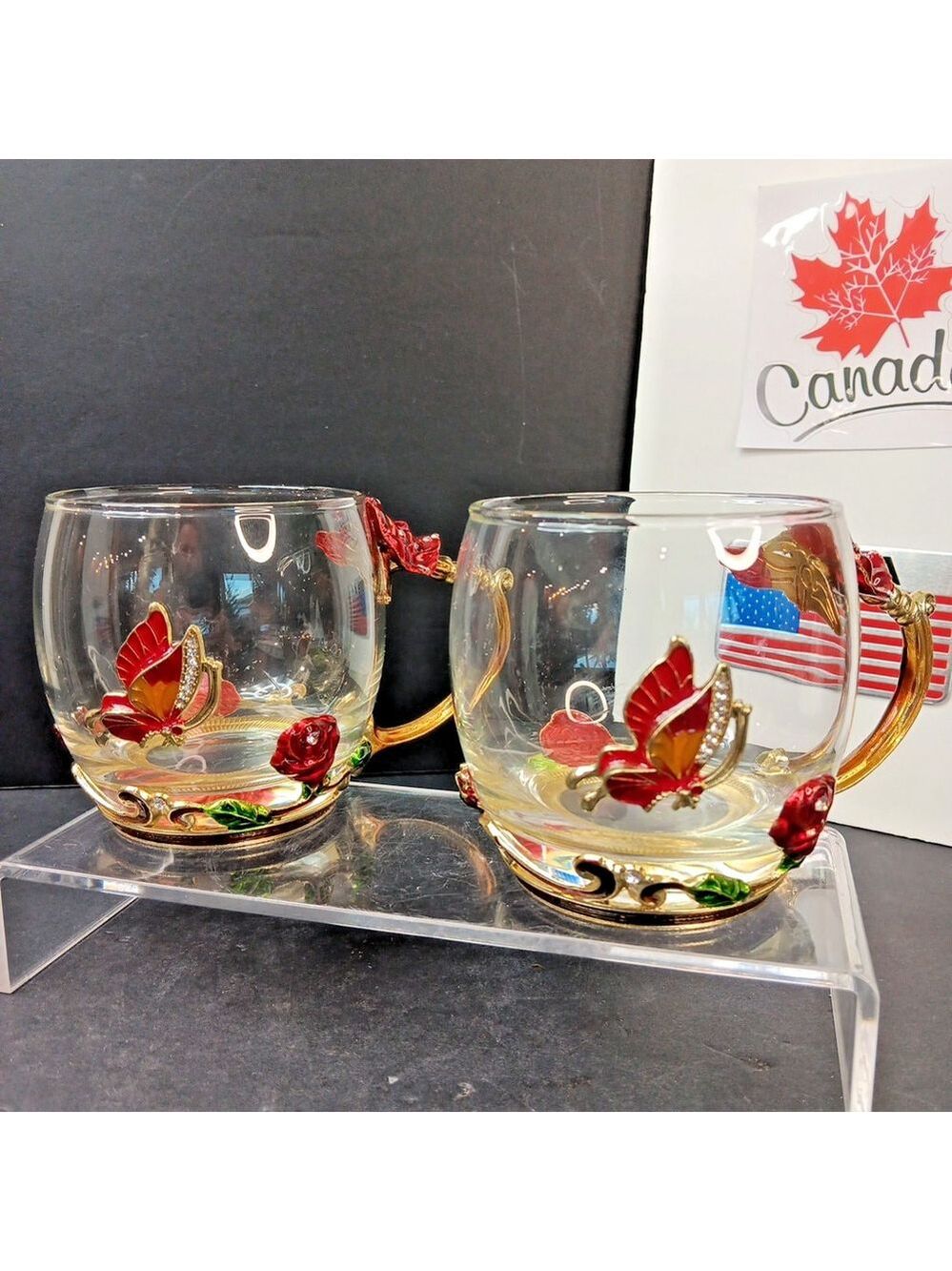 2pcs Arc of France Butterfly and Flower Vintage Glassware